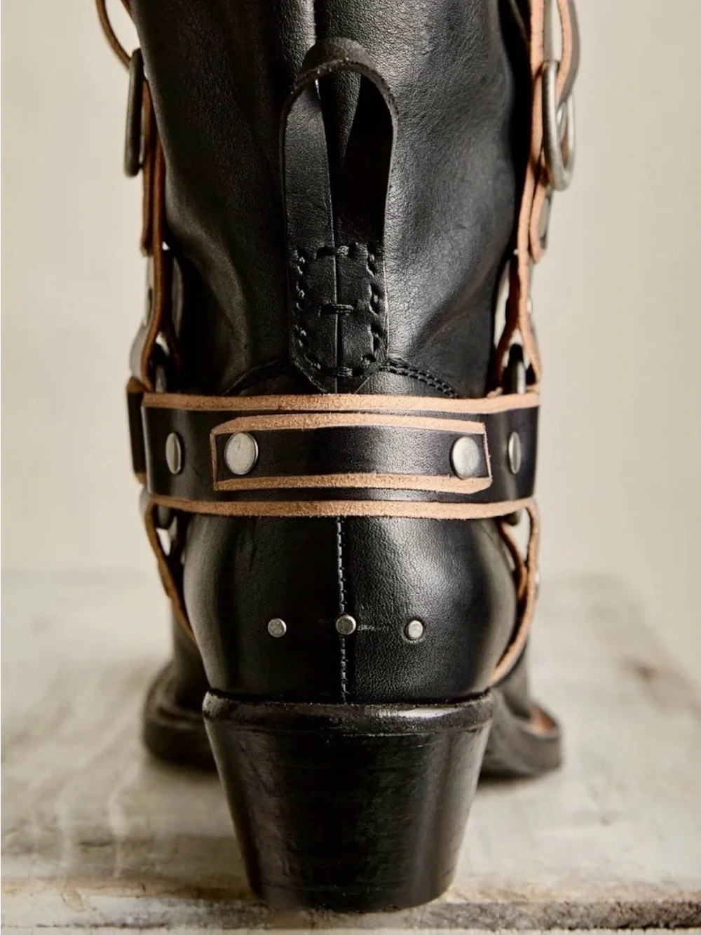 Free People We The Free Abroad Harness Boots Black Tan Pewter Pointy - Picture 7 of 8